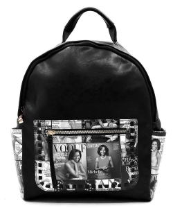 Magazine Cover Collage Whipstitch Pocket Backpack OD2739 BLACK